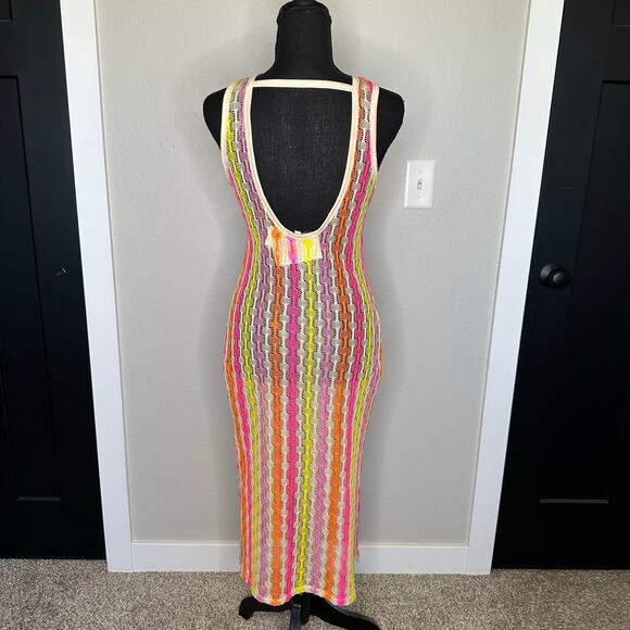 NWT Miken Swim Crochet Cover Up Dress Cream Neon Stripe – Size S - Picture 3 of 6